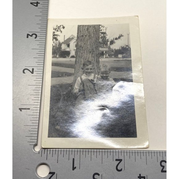 Vintage Found Photo Boys by a Tree Brothers Overalls Photograph Snapshot 1940s - Picture 4 of 4